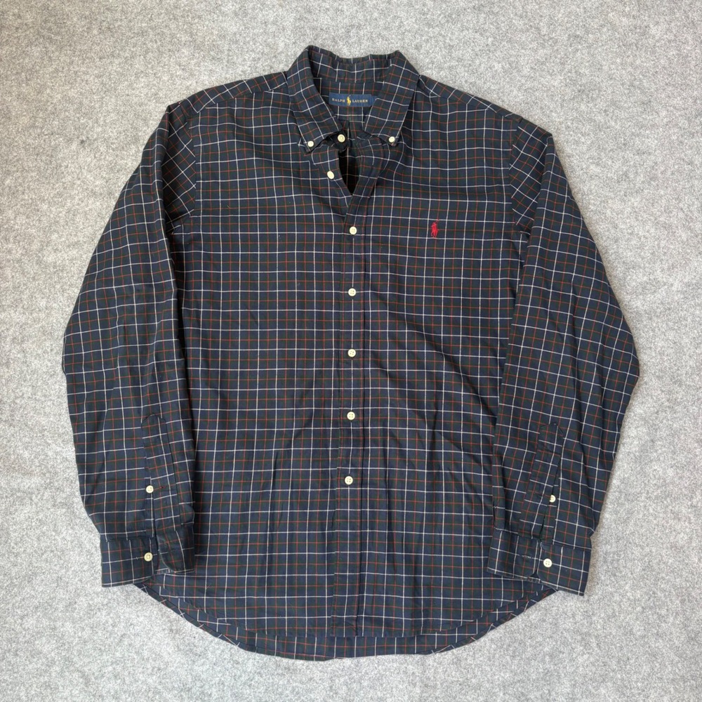 Ralph Lauren Mens XL Navy Blue Red Plaid Button Down Shirt Long Sleeve Pony Logo